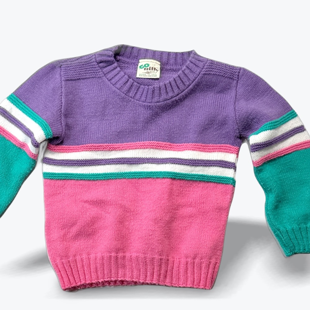 Vintage Go Nitty by AKM Sweater 80s Colorblock Striped Retro Purple Pink Kids 2T